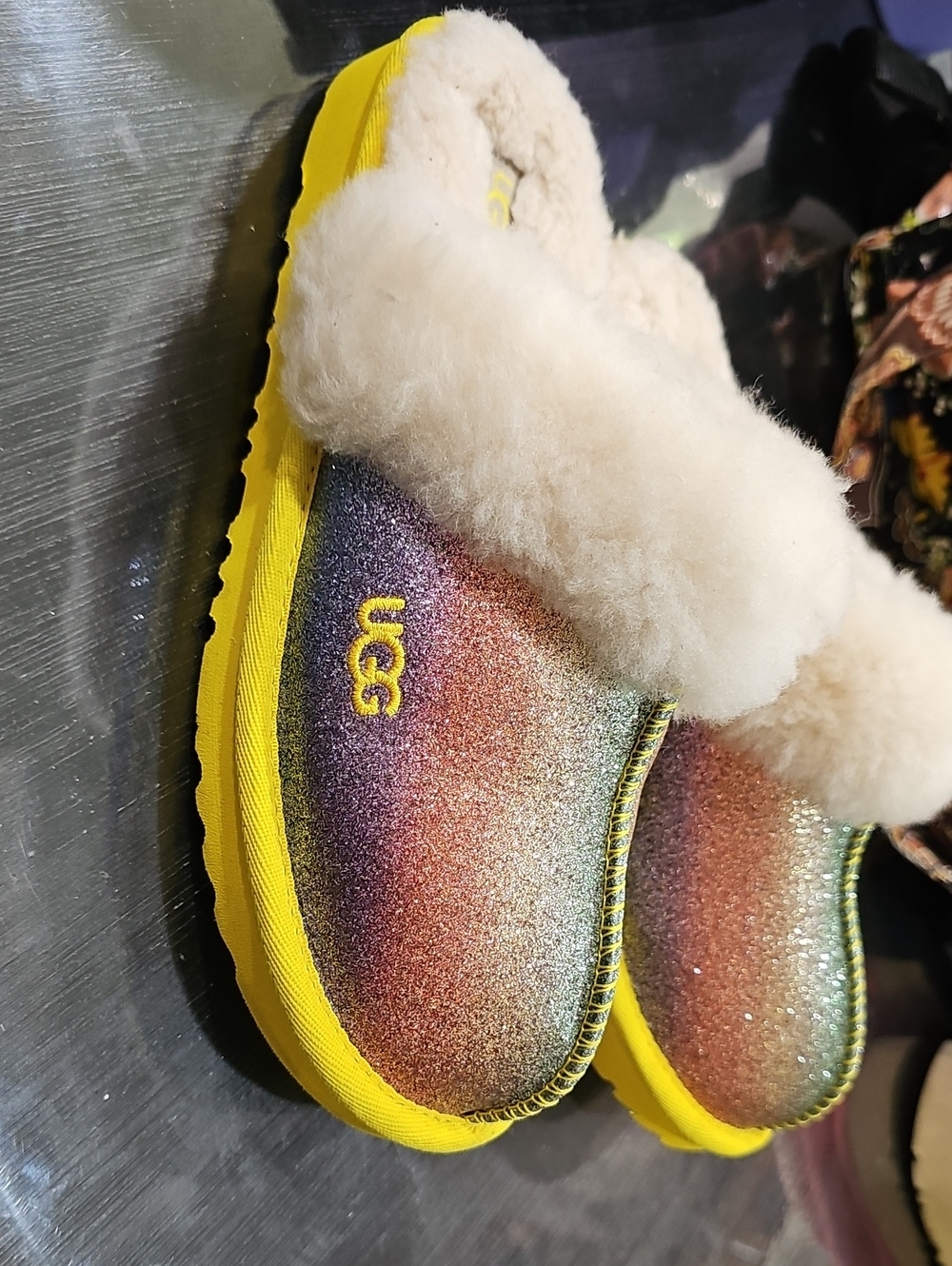 UGG Kids Rainbow Glitter Slip-On Clog with Yellow Sole